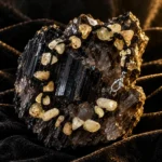 دستبند راف سیترین و بند گره باف Raw Citrine Knotted Bracelet با سنگ های راف سیترین طبیعی زرد طلایی و عسلی شفاف نامنظم و بند بافت مشکی گره ای و قفل خرچنگی استیل نقره ای روی کلاستر سنگ تورمالین سیاه و کوارتز دودی براق با نورپردازی گرم طلایی و پس زمینه مخمل مشکی لوکس