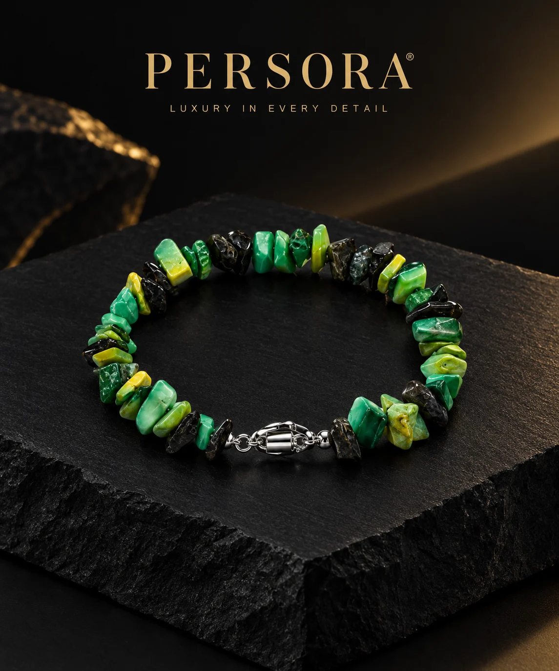 دستبند چیپ سنگهای سبز و مشکی Green Stone Chip Bracelet PERSORA - نمای محصول با لوگو برند دستبند چیپ سنگهای سبز و مشکی از برند پرسورا PERSORA روی سنگ اسلیت سیاه با لوگو طلایی Luxury in every detail
