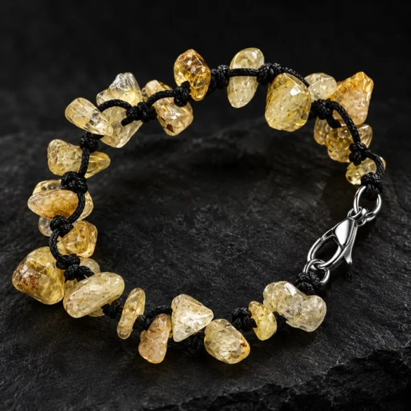 دستبند راف سیترین و بند گره باف Raw Citrine Knotted Bracelet با سنگ های راف سیترین طبیعی زرد طلایی و عسلی شفاف نامنظم و بند بافت مشکی گره ای دست ساز و قفل خرچنگی استیل نقره ای براق روی سنگ اسلیت مشکی مات با نورپردازی لوکس و پس زمینه تیره