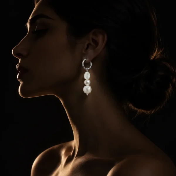 گوشواره حلقه ای آویز مروارید باروک و صدف حکاکی شده روی گوش مدل زن در نور نیم رخ