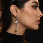 گوشواره آویز بلند استیل با آویز هلال ماه، زنجیر و مهره جاسپر زیتونی و مروارید