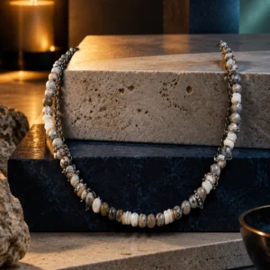 گردنبند چوکر نپتون با سنگ معدنی و صدف روی سنگ اسلب تراورتن